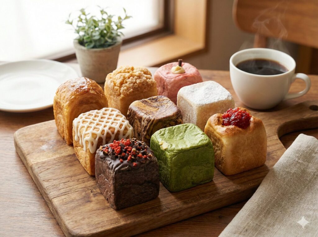 木製カッティングボードに並んだ9種類のカラフルなキューブ型デニッシュ・パンのセット。左上にはオレンジ色のトラックアイコンと「送料無料」の文字、左下には「かわいいと思った人に食べて欲しい形です」というキャッチコピー。チョコ、抹茶、ストロベリーなど、バラエティ豊かなトッピングやフレーバーが格子状に美しく配置されています。