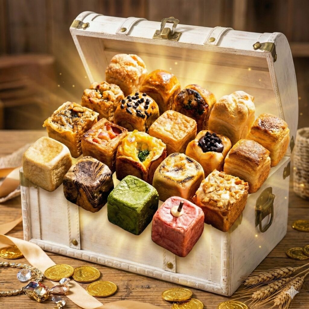 アンティーク調の白い宝箱かあら、光を放ちながら溢れ出す色とりどりのキューブ型デニッシュ。抹茶、ストロベリー、チョコチップ、ナッツ、惣菜系など、約20種類のバラエティ豊かなパンがぎっしりと詰まっており、周囲には金貨や宝石の装飾が散りばめられています。「パンの宝箱」をコンセプトにした、賑やかで贅沢なギフトシーンを象徴するイメージ画像。