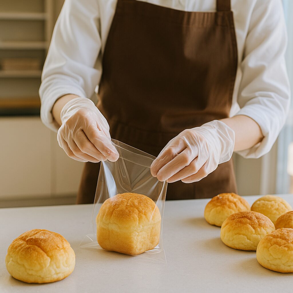 パン屋スタッフが手袋をつけて焼きたてパンを袋詰めする清潔な作業シーン。衛生管理を重視したベーカリーのイメージ（まつやまパン）。