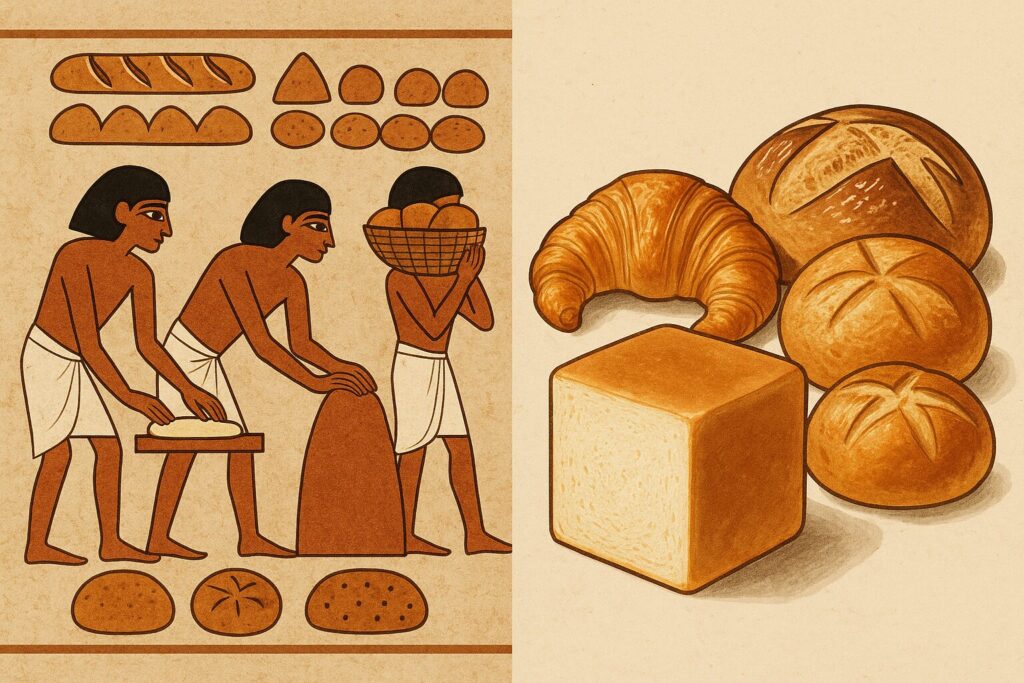 古代エジプトの壁画のような画像 働く労働者とパンが描かれている