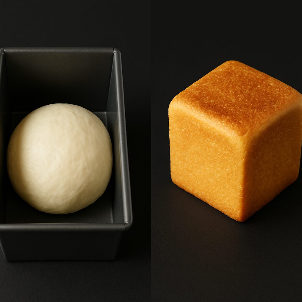 焼く前の丸いパン生地と焼き上がったキューブパン。自然の柔らかさと人間の秩序を対比する構図（まつやまパン）。
