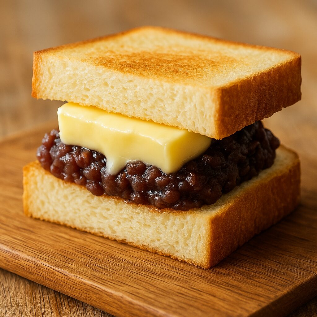 厚切り食パンにあんことバターを挟んだあんバターサンド。とろけるバターと粒あんの質感が温かい光に映える（まつやまパン）。