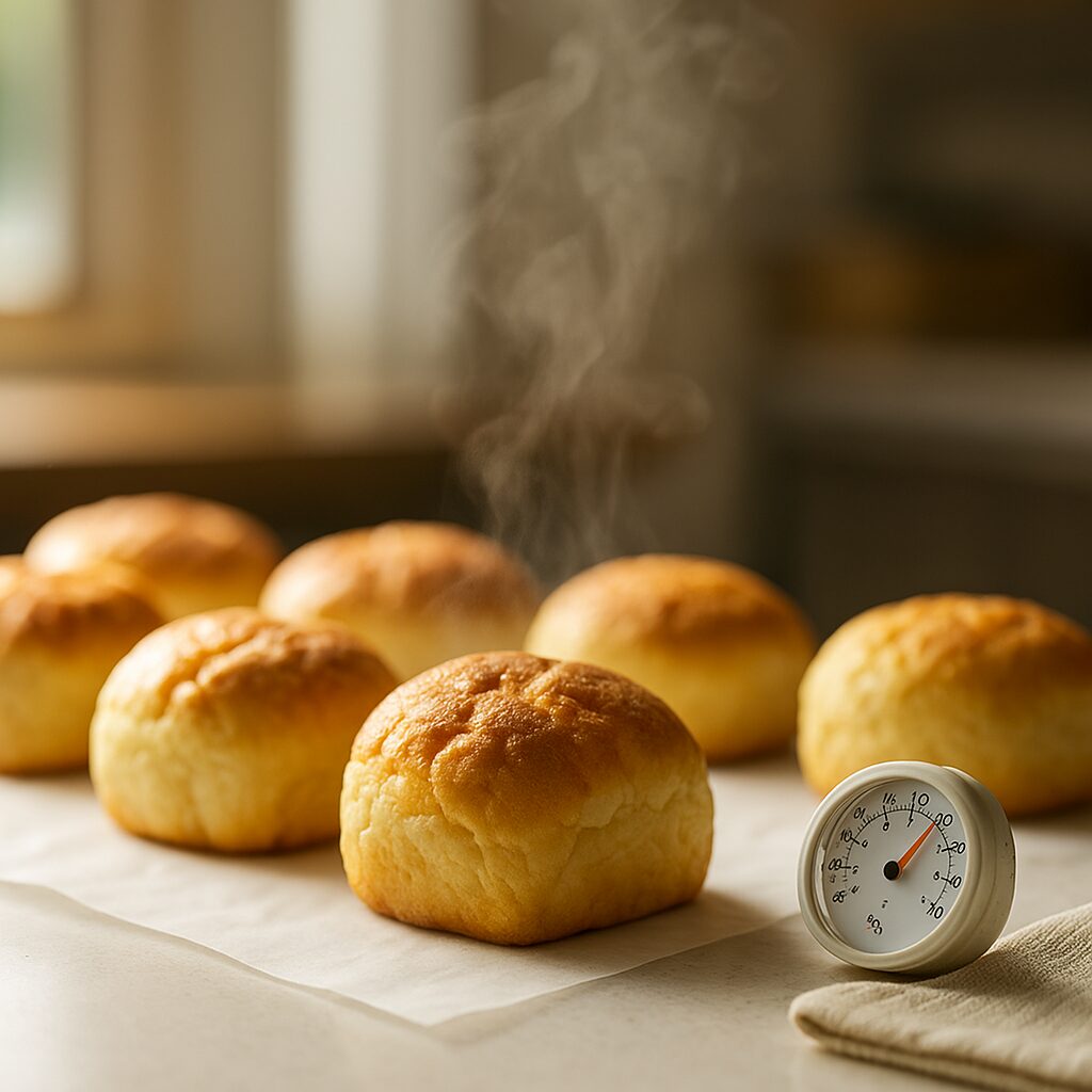 焼きたてのパンと湿度計が並ぶ清潔な作業台。乾燥を防いで美味しさを守るパン職人のこだわりを表現（まつやまパン）。