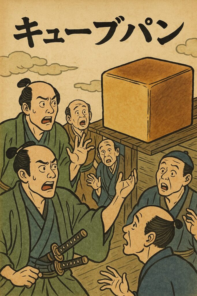 巨大なキューブパンを前に驚愕する侍と町人たちを描いた浮世絵風イラスト。黒船来航の衝撃をパンで表現した一場面（まつやまパン）