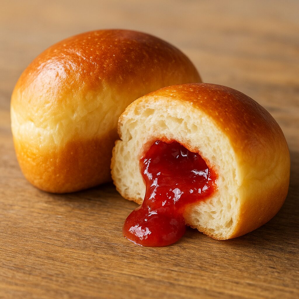 半分に割った焼きたてのジャムパンからいちごジャムがとろけ出す。木のテーブルの上で光を受け、懐かしい甘さを感じさせる（まつやまパン）。