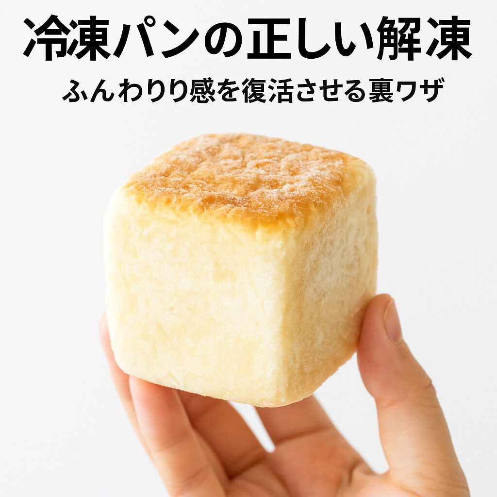 冷凍キューブパンを手に持つシーン。ふんわり感を復活させる解凍方法を紹介するイメージ（まつやまパン）