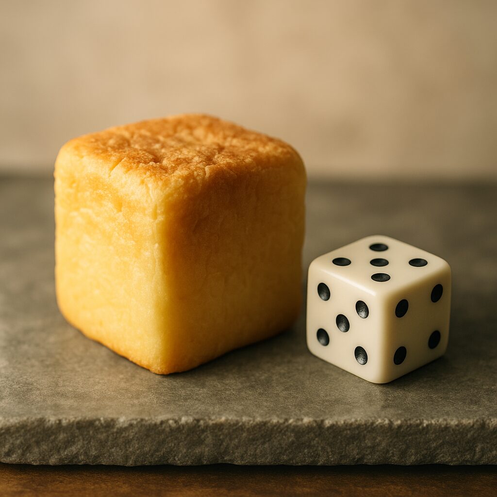 石の台座に並ぶキューブパンと白いサイコロ。知恵と偶然、人間と神話をつなぐ“立方体の象徴”を表現した構図（まつやまパン）。