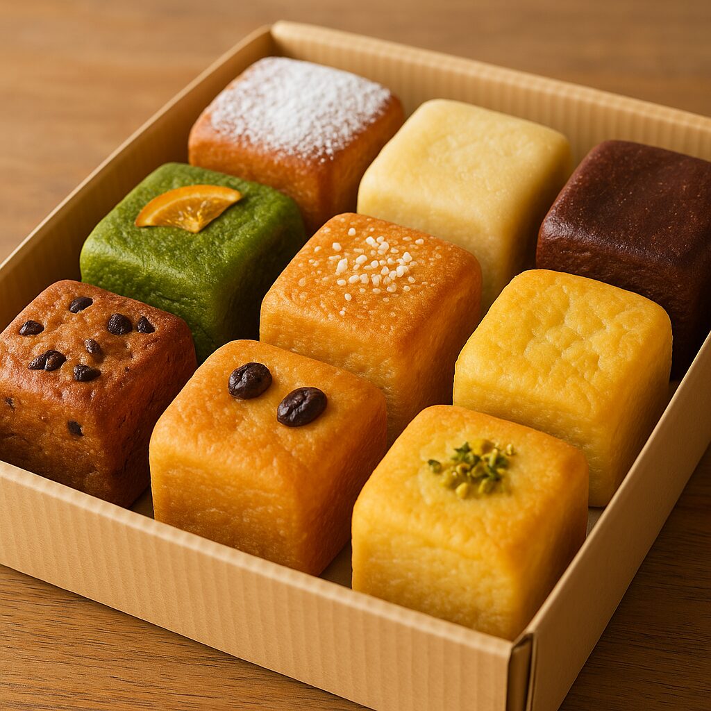 小箱に並ぶ9個のカラフルなキューブパン。旅のお土産のように美しく整列し、彩りと香りを感じさせる一枚（まつやまパン）。