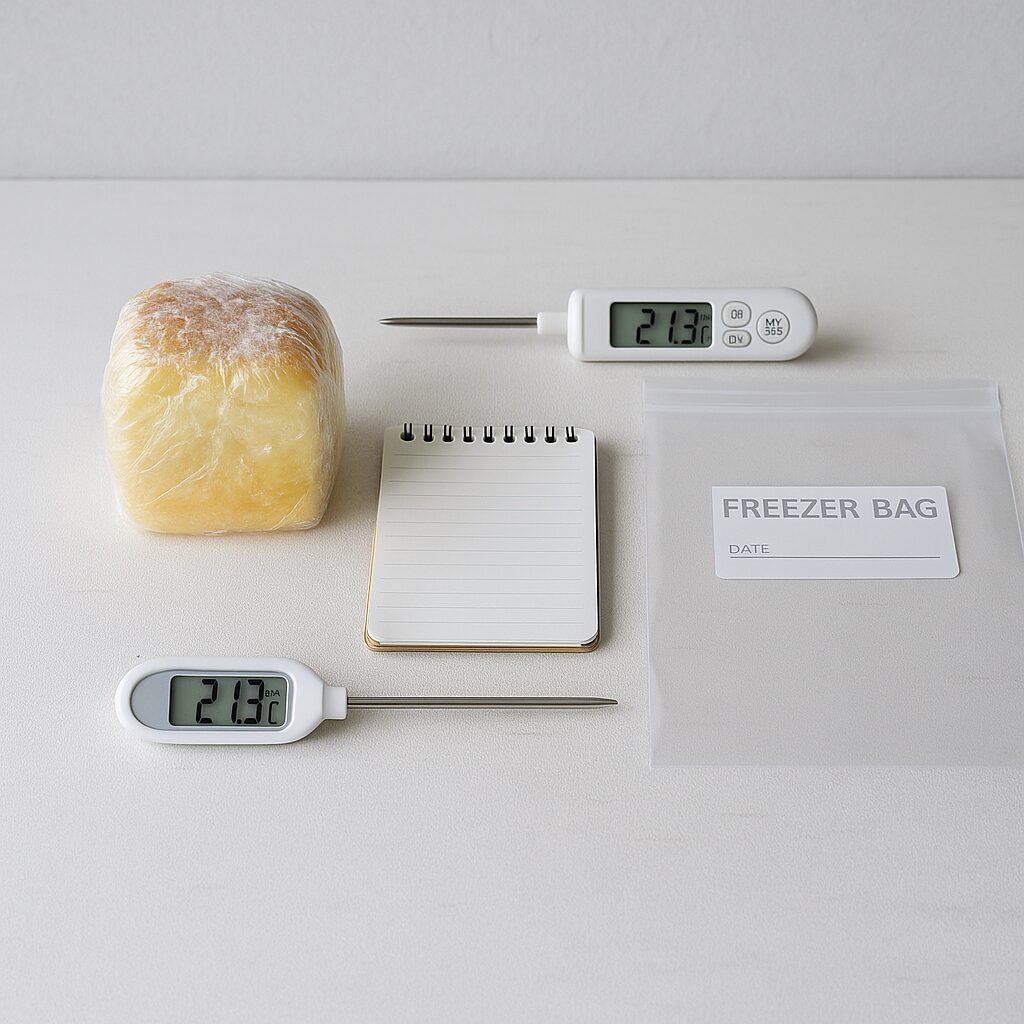 パン職人の実験ノート風に並べられた冷凍パンと温度計。正しい冷凍保存のコツを伝える清潔で落ち着いたイメージ（まつやまパン）。