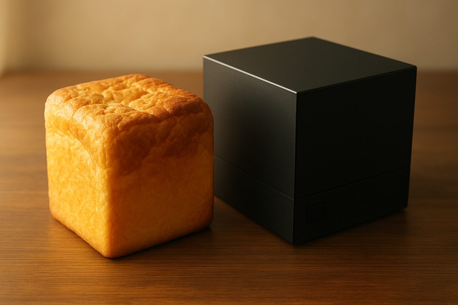 焼きたてのキューブパンと黒い立方体のコンピューター。人間の温もりと完璧な人工美が並ぶ象徴的な構図（まつやまパン）。