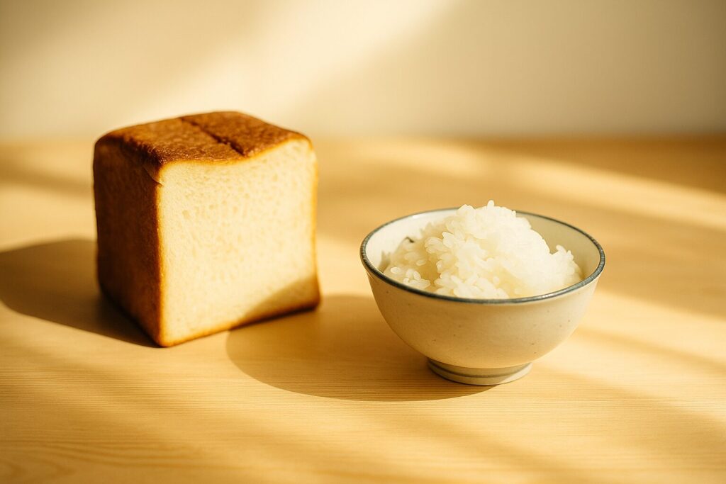 食パンとご飯茶碗が並ぶテーブル。どちらも悪くないという調和のイメージ(まつやまパン)。