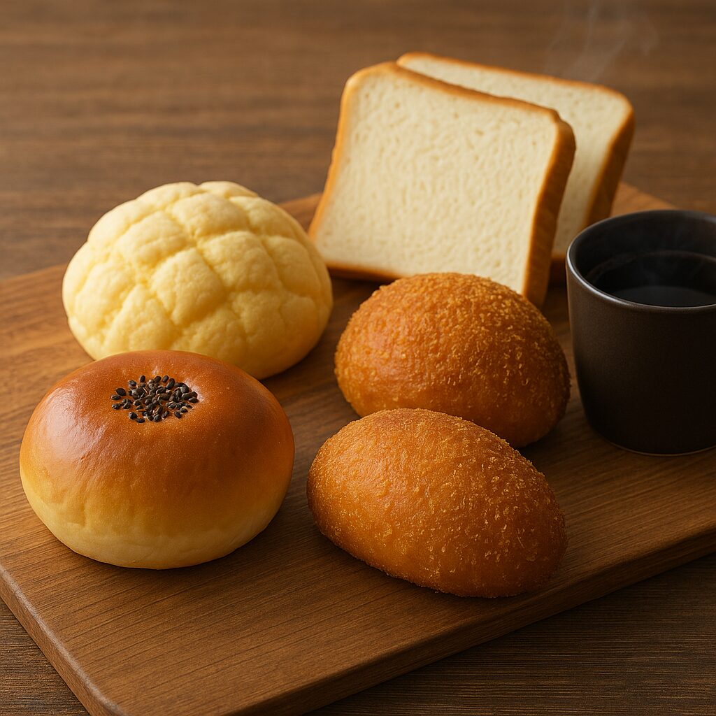 あんパン・メロンパン・カレーパン・食パンが並ぶ日本の食卓。湯気の立つコーヒーと柔らかい光が“やさしさ”を感じさせる日本のパン文化（まつやまパン）。