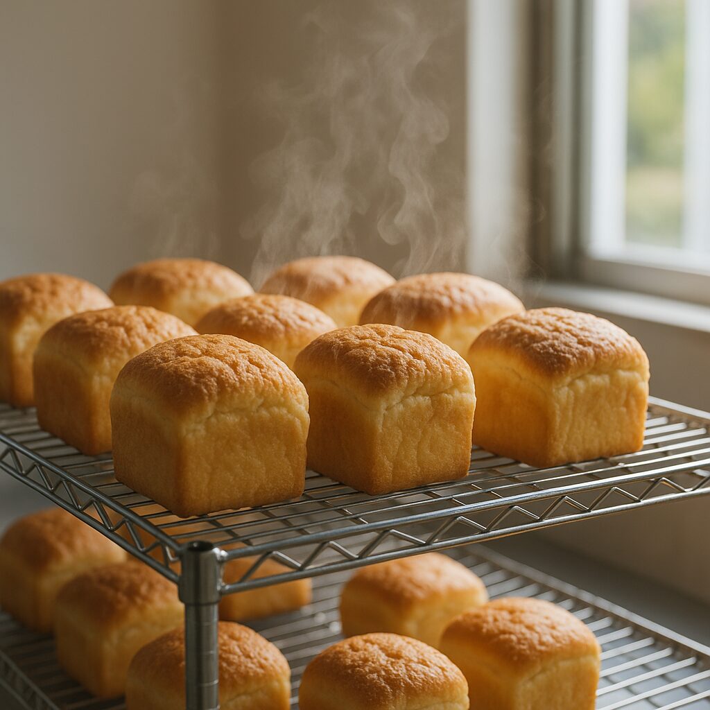 ラックの上で冷まされる焼きたてパン。パンが“落ち着く時間”で香りと食感を整える様子を表現（まつやまパン）。
