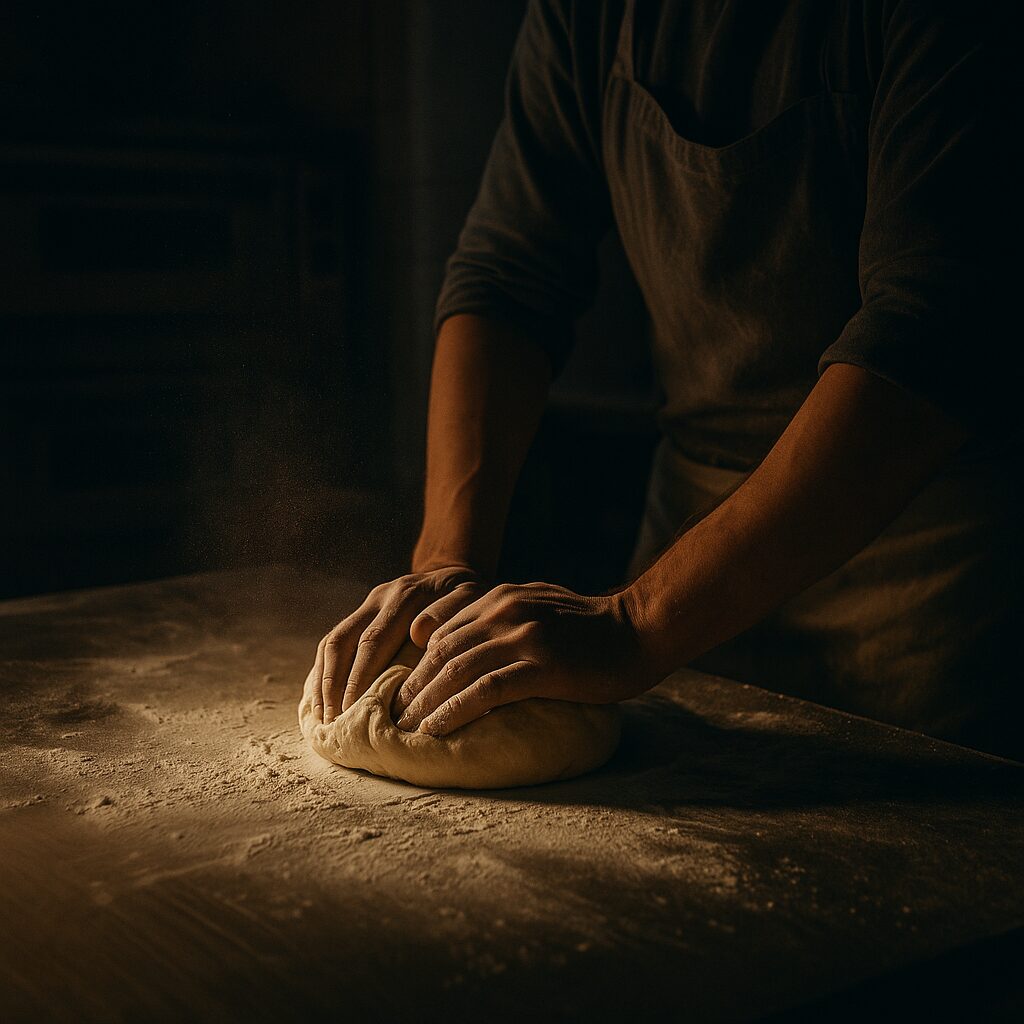 暗い厨房で粉をまぶした手で生地をこねるパン職人。温かな光に照らされた静かな午前2時の情景（まつやまパン）。