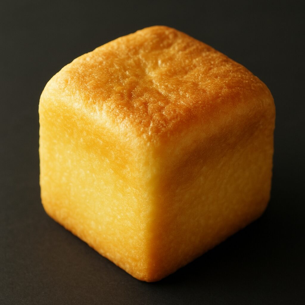 焼きたてのキューブパンの角をクローズアップ。自然光に照らされ、焼き色の濃淡が柔らかく際立つ一瞬（まつやまパン）。