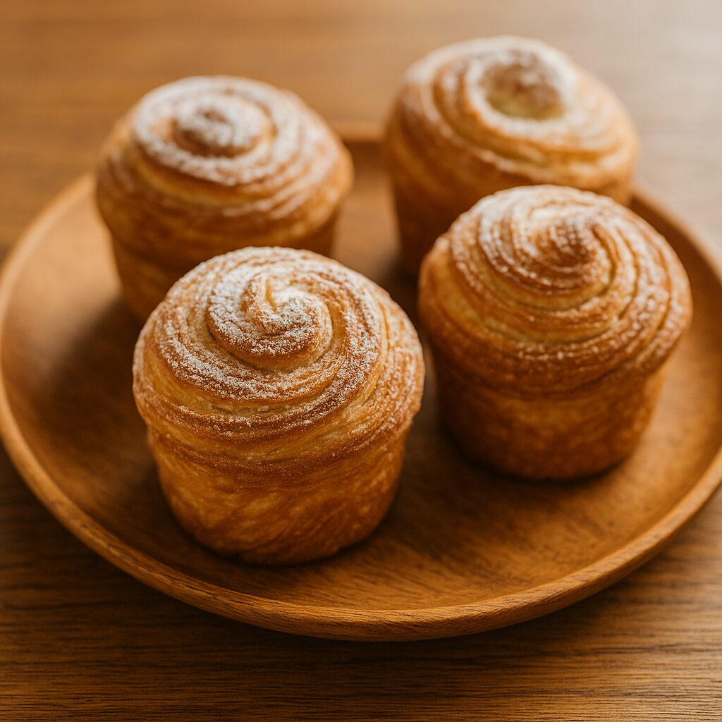 木皿に並ぶ4つのクロフィン。粉糖がかかり、層の美しい渦巻きが輝く新時代の菓子パン（まつやまパン）