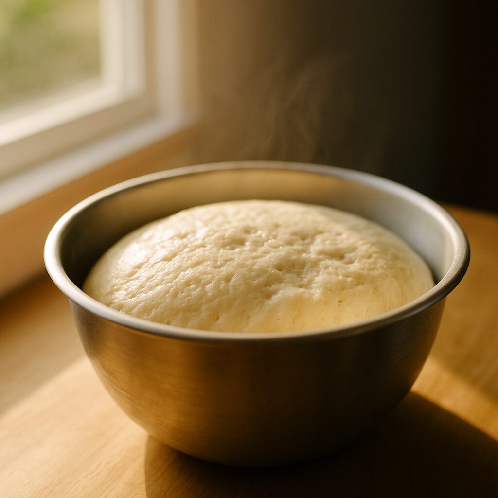 ステンレスボウルの中で発酵して膨らむパン生地。窓から差し込む柔らかな光に包まれ、湿度と温もりを感じる瞬間（まつやまパン）。