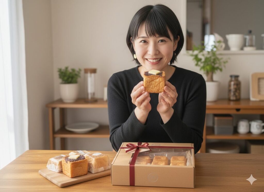 アップした「あんバターキューブサンド」の画像を使って生成してください 黒髪日本人25歳くらいの女の子が手に持って笑顔で喜んでいる お土産でもらったようだ 場所は家のダイニングテーブル お土産の箱も並んでいる 他にもキューブパンが入っているようです
