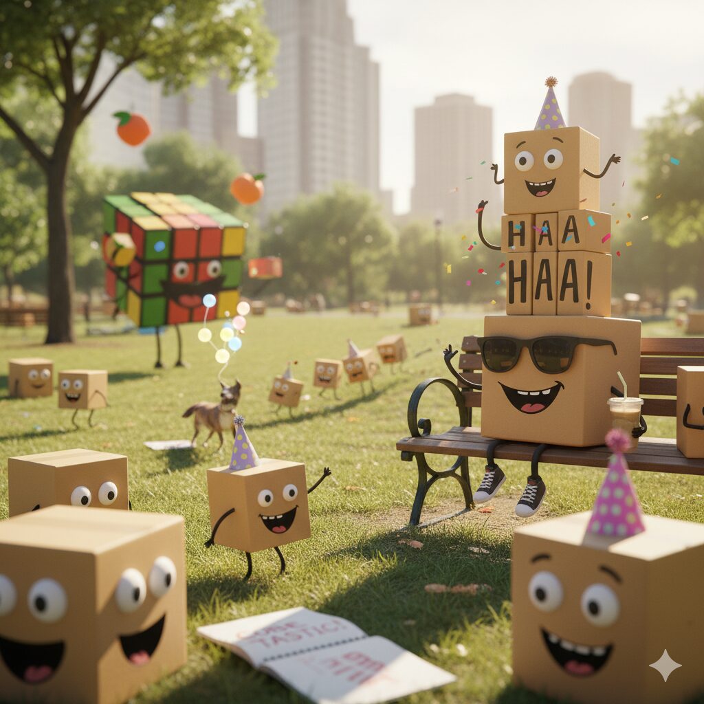 立方体を楽しく表現してください
思わずニヤッとしてしまう感じ