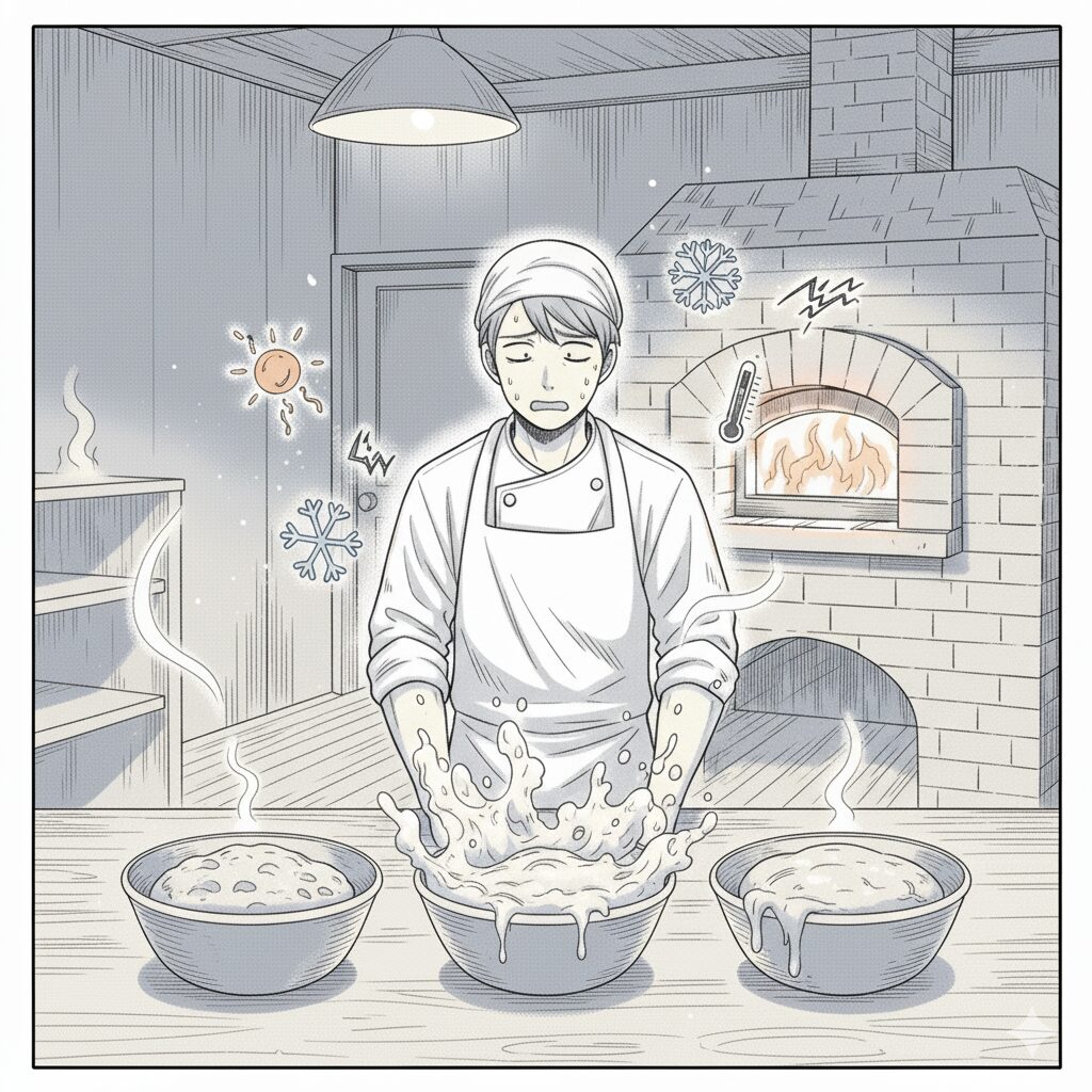 パン屋が見る“気候変動” 発酵具合が変わってきていて困ってる時があるを表現してください
漫画風で