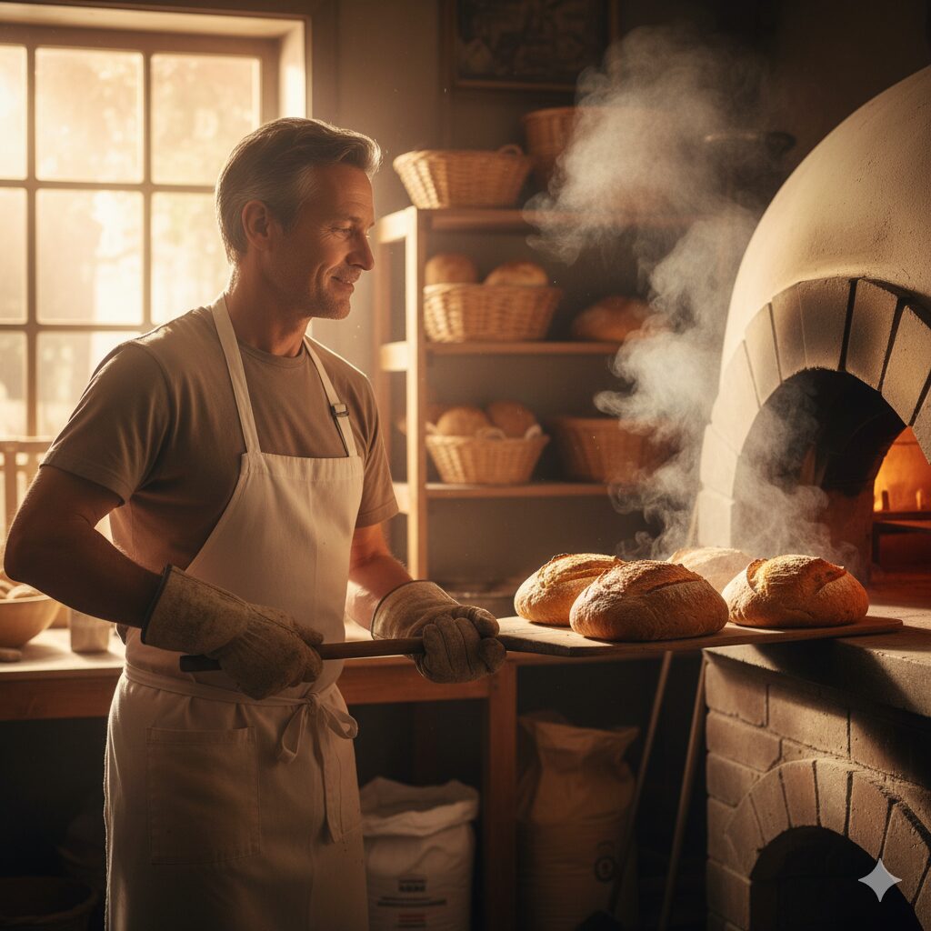 朝の光に包まれたパン職人が焼きたてのパンを取り出す瞬間。温かく静かな雰囲気。文字なし。リアル風で