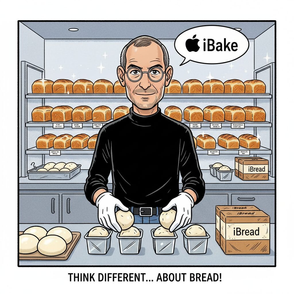 パン屋さんでパンをキューブ型に入れているスティーブ・ジョブズ