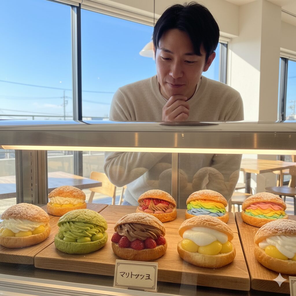 明るい空が見える窓のあるカフェのショーケースに並ぶマリトッツォ。カラフルな断面と多彩な味 どれにしようか迷っている日本人黒髪男性やさしそうな雰囲気