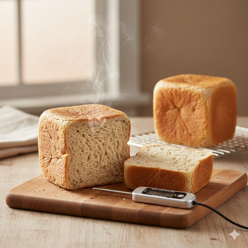 キューブパンの断面と温度計を並べた構図（冷却中のイメージ）