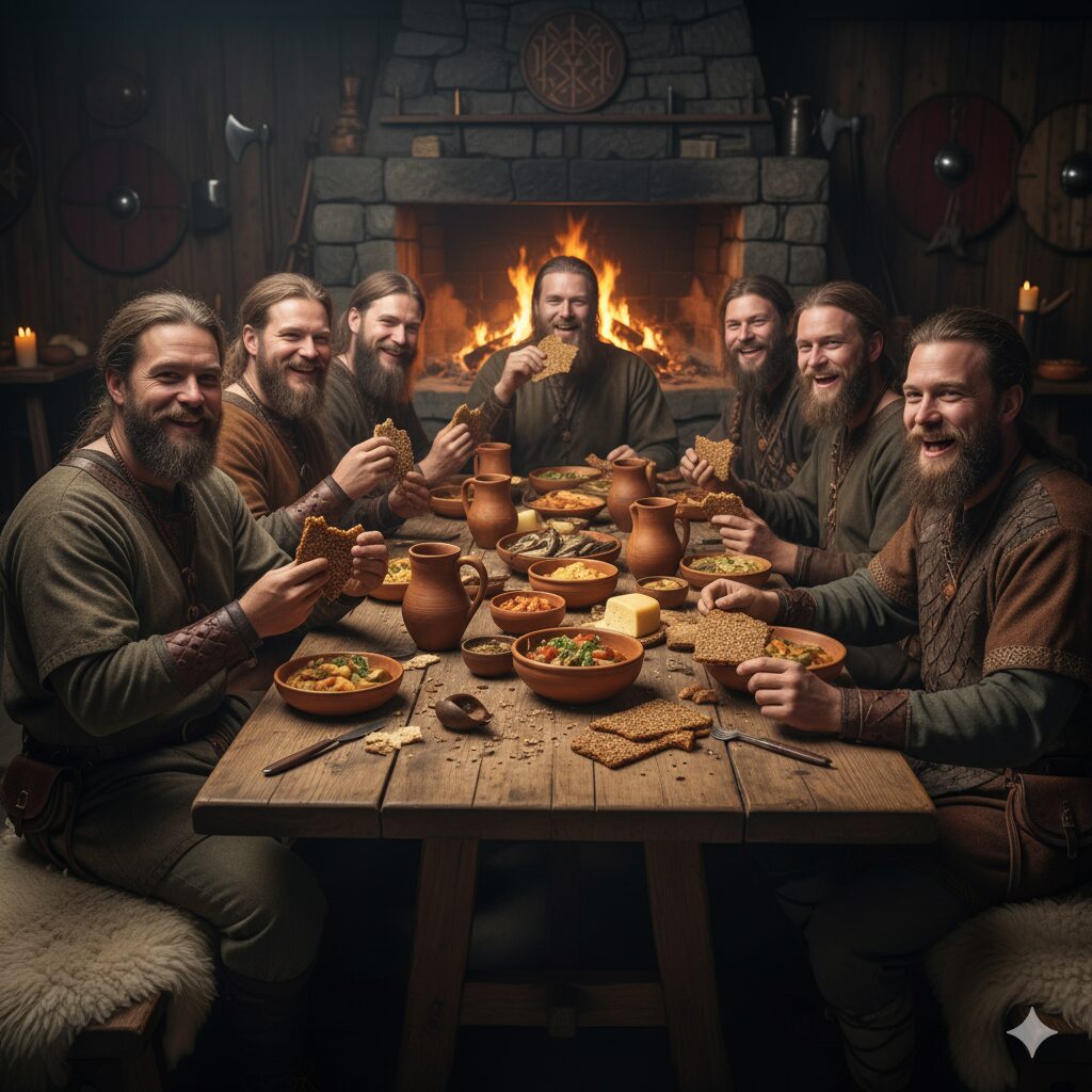 古代北欧のヴァイキングたちがクネッケブロートを食べている風景 笑顔で