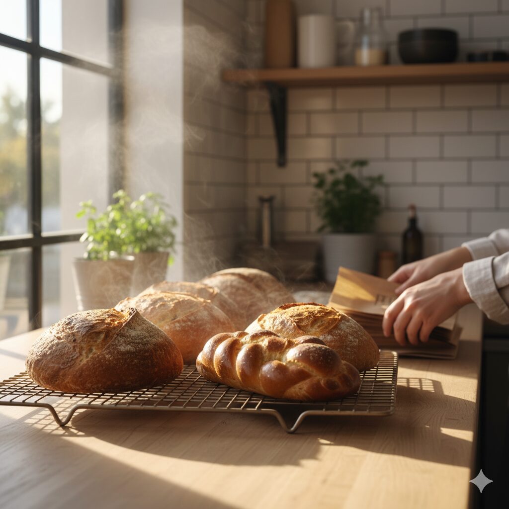 焼きたてのパンを袋に詰める直前のシーン。湯気が立ち、自然光が差し込む清潔な作業台。