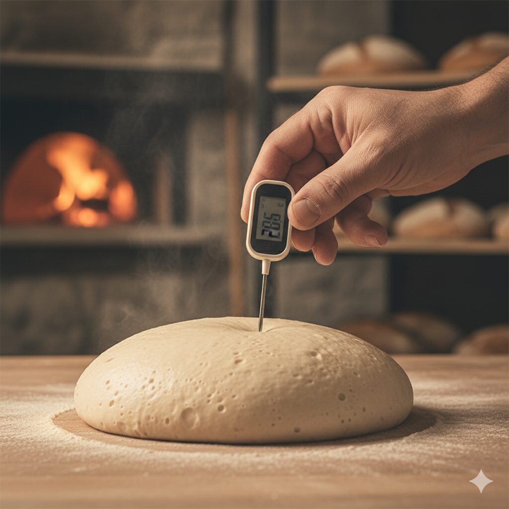 パン職人が温度計を持って生地をチェックする手元。