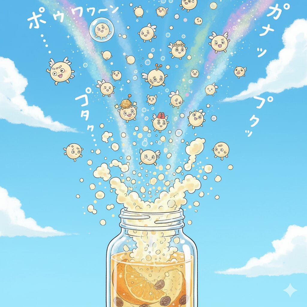 微生物が可愛らしく擬人化された雰囲気で、瓶の中から酵母が空に向かって飛び立っていく様子