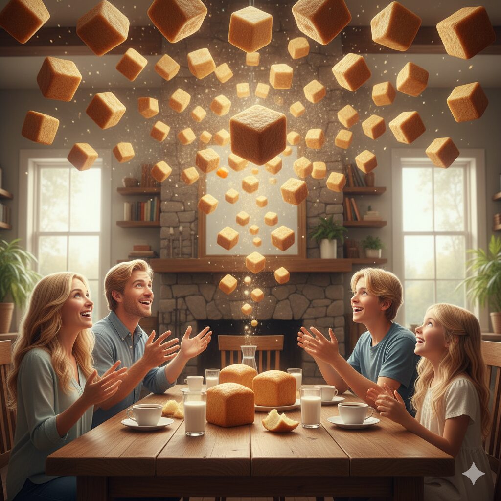 キューブパンがたくさん宙に浮いている。テーブルに座って食卓を囲む家族が嬉しそうにそれらを見上げている。アメリカ人の家族でみんな金髪とブルーアイでそれが神秘的な風景を醸し出している。キューブパンはみんなを幸せにしているようだ。