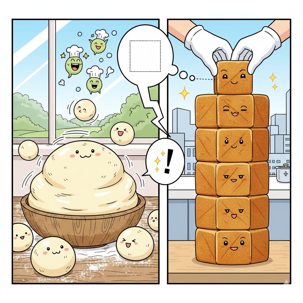 焼く前の丸いパン生地と焼き上がったキューブパン。自然の柔らかさと人間の秩序を対比する構図で描いてください。