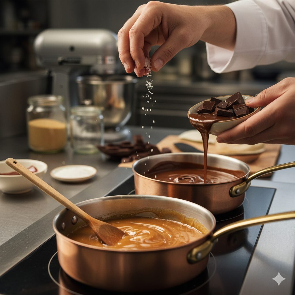 キャラメルやチョコレートなどが湯煎鍋で溶かされている

シェフが塩を加えて甘じょっぱいソースを作っている