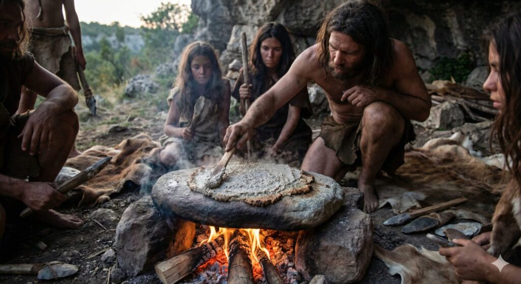 人類最初の「無発酵パン」の誕生(原始時代) たき火で熱せられた平らな石の上に、穀物を砕いて水で練ったペーストを広げて焼いている様子です。まだふっくらとはしていない、素朴な「最初の料理」が生まれた瞬間を捉えています。