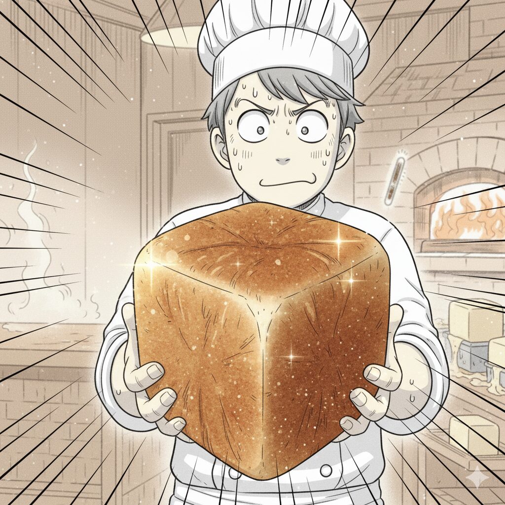 焼きたてのキューブパンの角にクローズアップし、自然光に照らされた焼き色の濃淡が柔らかく際立つ瞬間を、一生懸命なシェフ姿で少しコミカルに描いた画像