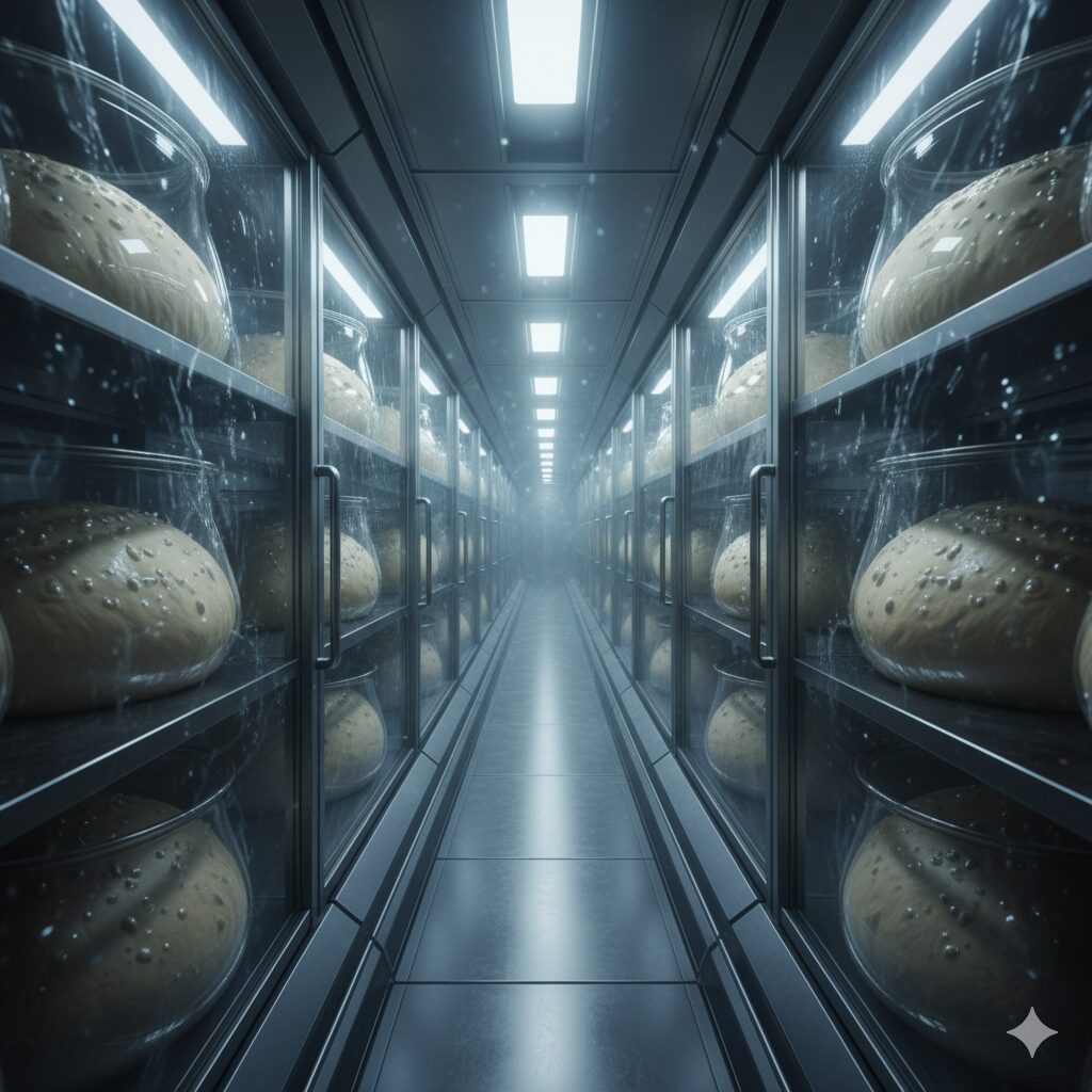 タイムトンネルのような冷凍庫の中で眠るパン生地。低温発酵による静かな熟成の瞬間