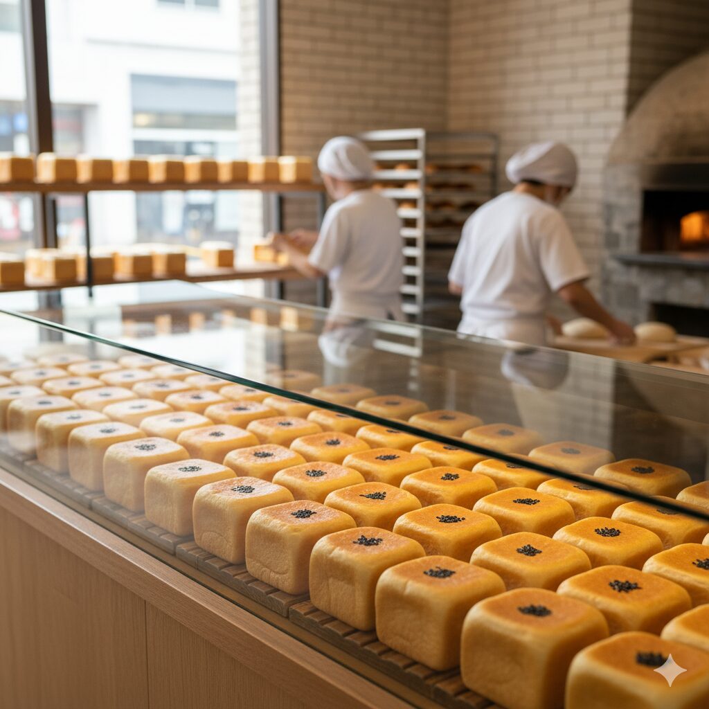 「キューブあんパン」がたくさん並んでいるパン屋の売り場風景