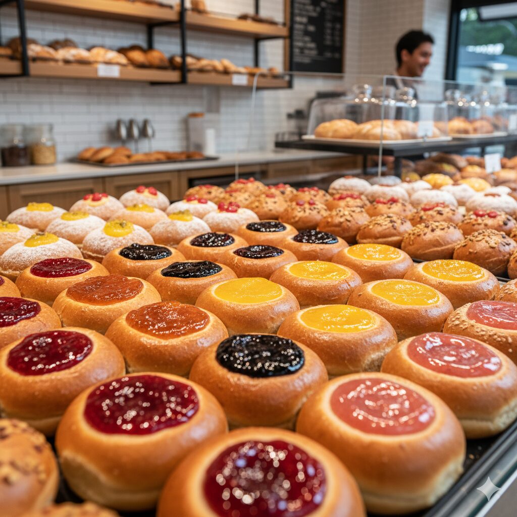 いそんな種類のジャムパン売り場に並んでいる　色とりどりのジャムが使われていて美味しそうな艶が光を反射している　場所はベーカリーの売り場　明るい雰囲気