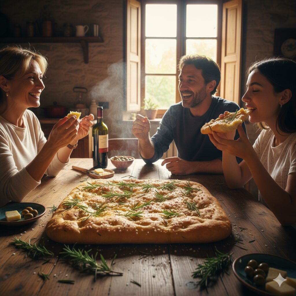 ローズマリーと岩塩をのせたフォカッチャ。香ばしく焼き上げられたイタリアの家庭
3人のイタリア人が楽しそうに会話をしている