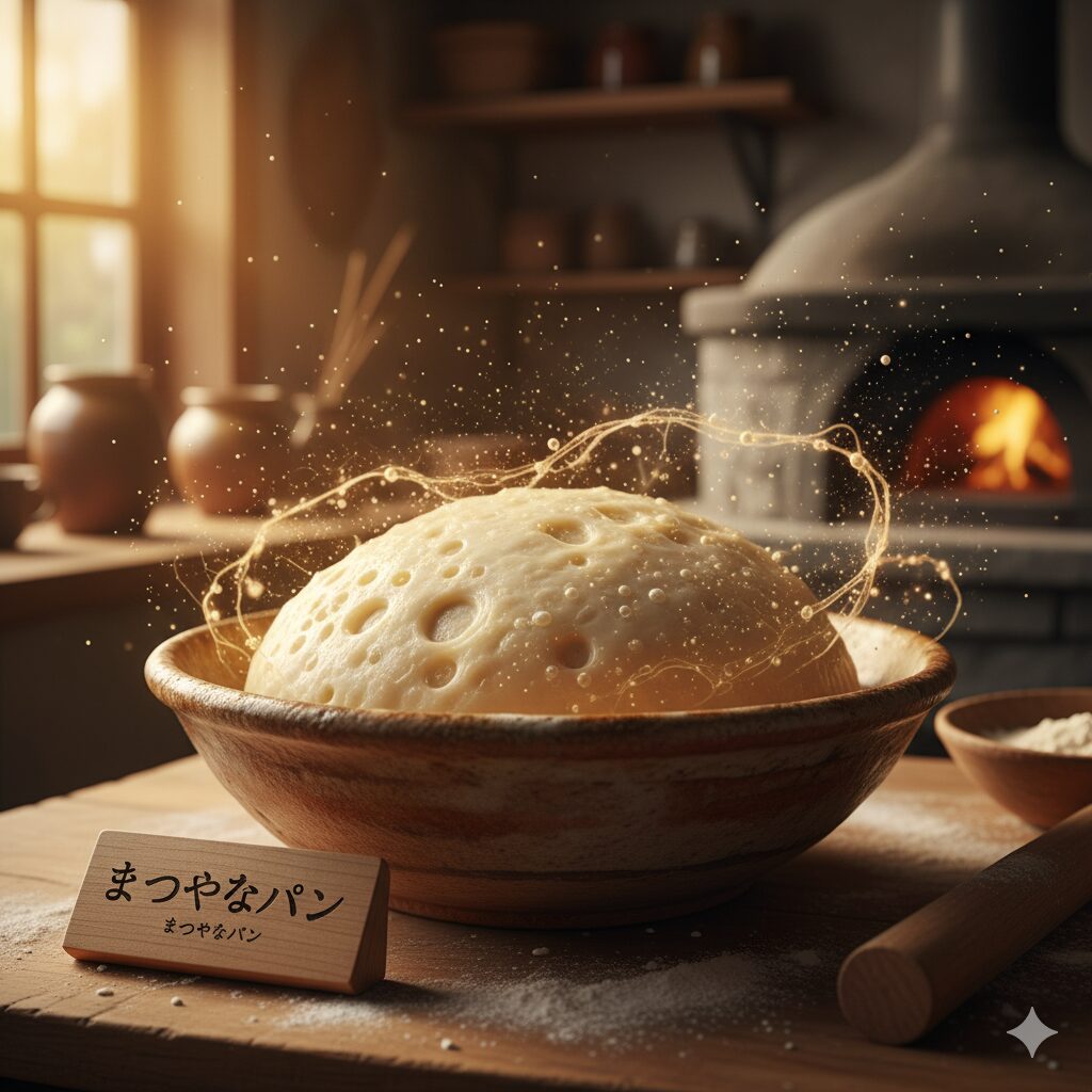 パン生地が生き物のように膨らむ様子と、目に見えない酵母の働きが織りなす神秘的な雰囲気を、暖かく美しいトーンで表現