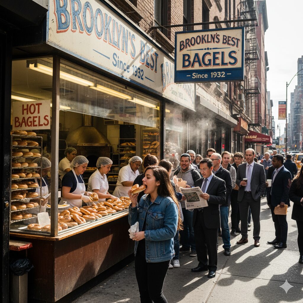 ニューヨークの街角のベーグルショップ。実際の場面を切り出したような写真