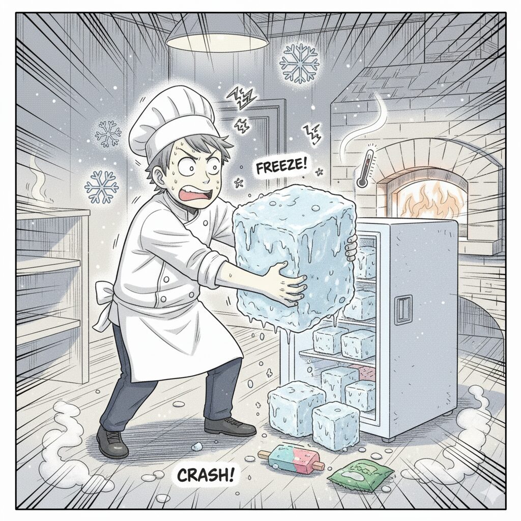 カチカチに凍ったキューブパンを冷凍庫に仕舞っている様子を、先ほどとは違ったコミカルな漫画風で描いた画像