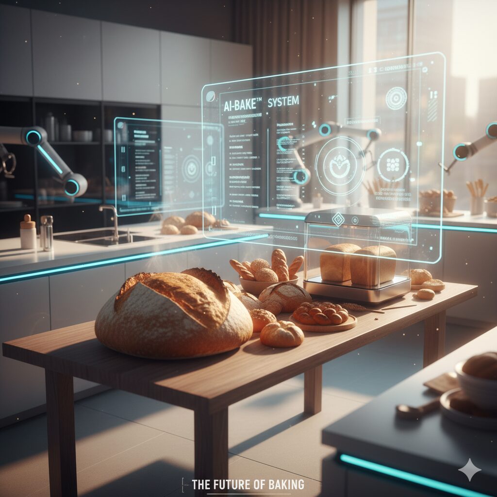 近未来的なキッチンにパンが並ぶ光景。温かみとテクノロジーの対比