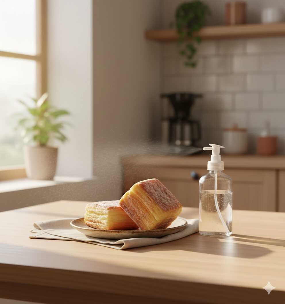 冷凍パンを前夜解凍して朝に焼くシーン。木のテーブルと柔らかな光の中で“焼きたて気分”を楽しむ朝の時短スタイル（まつやまパン）。