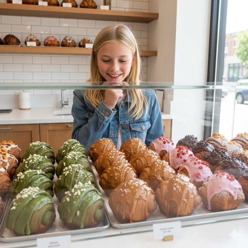 抹茶や塩キャラメルなど多彩なクロフィンが並ぶショーケース　10代金髪のアメリカ人が女性が笑顔でどれを買おうかと悩んでいる