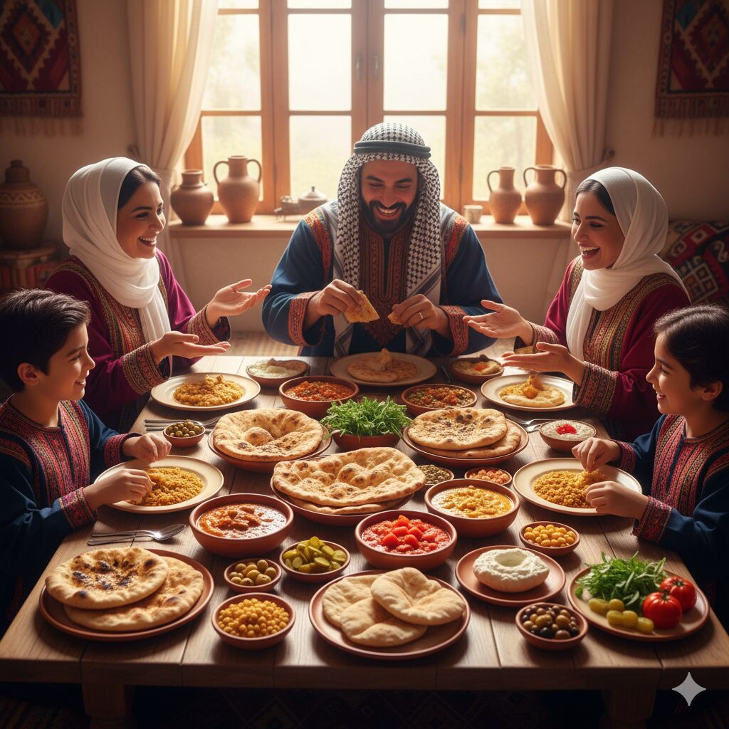 中東、ナンやピタパンがカレーやトマト、豆料理と共に並んでいる食卓 家族と共に食べている風景 明るい雰囲気で楽しそうに会話している 中東の民族衣装を着ている