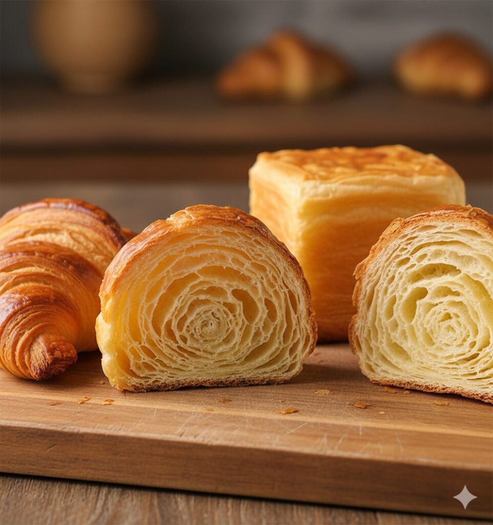 「一般的なクロワッサンとその断面」と「キューブクロワッサンとその断面」が並ぶアップ写真。層とバターの輝きが伝わる構図。