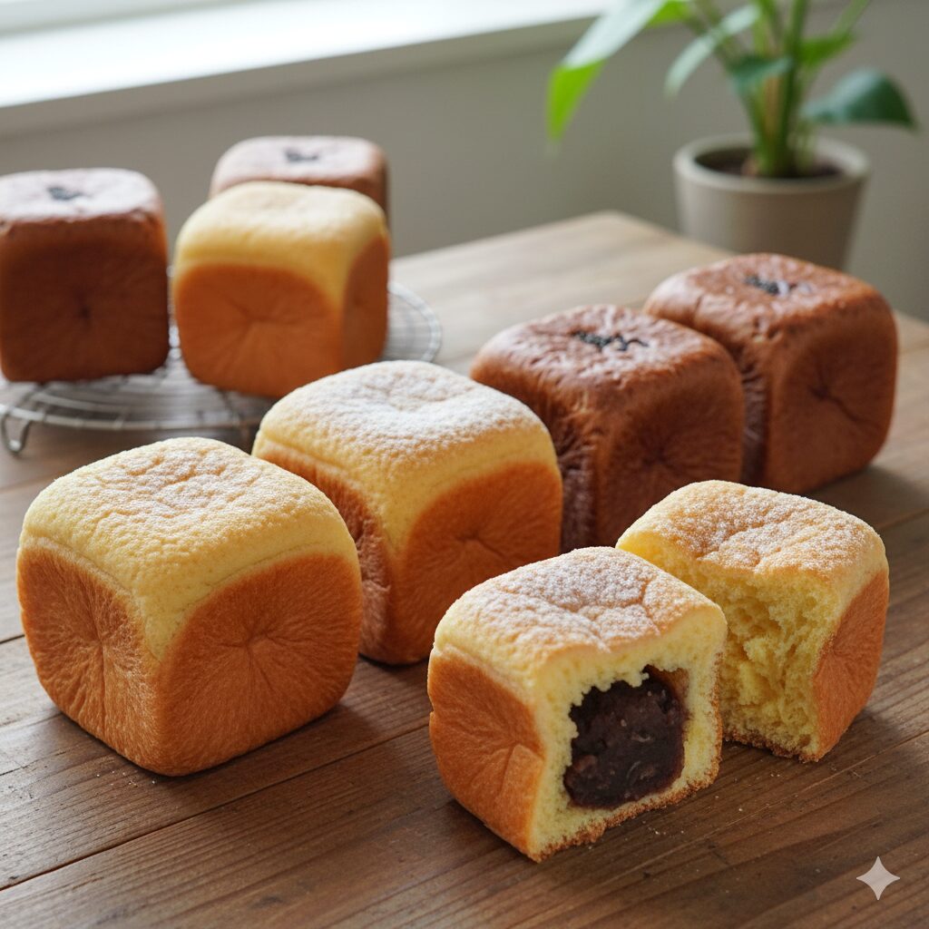 キューブパンが並んでいる　やわらかく明るい日差しが窓から入っている